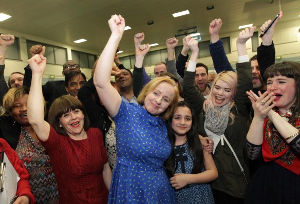 27/2/2016. General Election 2016 - Counting of Votes. Scenes from the counting of votes for the Dublin West Constituency, at the Phibblestown Communmity Hall Count Centre in Blanchardstown, Dublin. Photo shows Anti Austerity Alliance candidate Ruth Coppinger after winning a seat in her constituency. Photo:RollingNews.ie